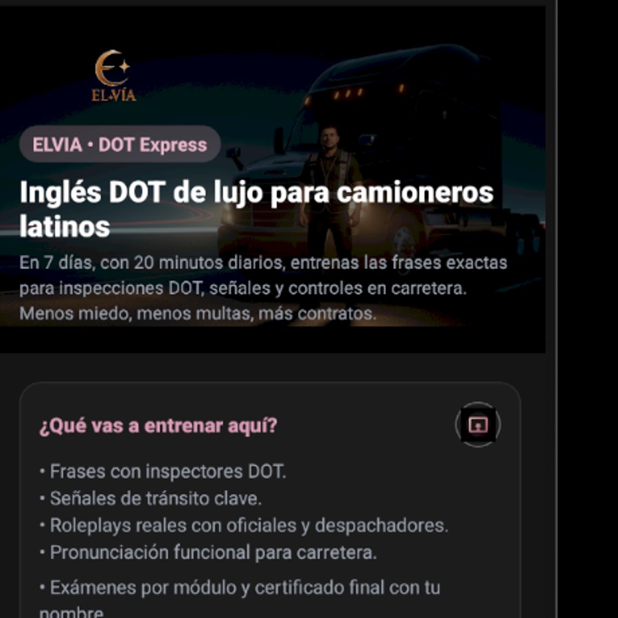 Pantalla de EL-VÍA, la app de formación DOT para conductores